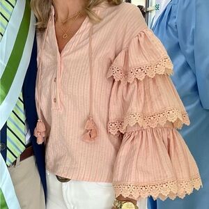 THE SHIRT/Pink Ruffled Blouse with Lace Details